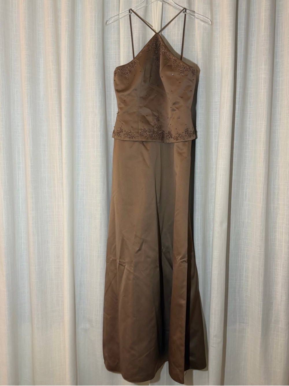 David's Bridal Brown Beaded satin Halter Gown dress size 8 NWOT Y2K
